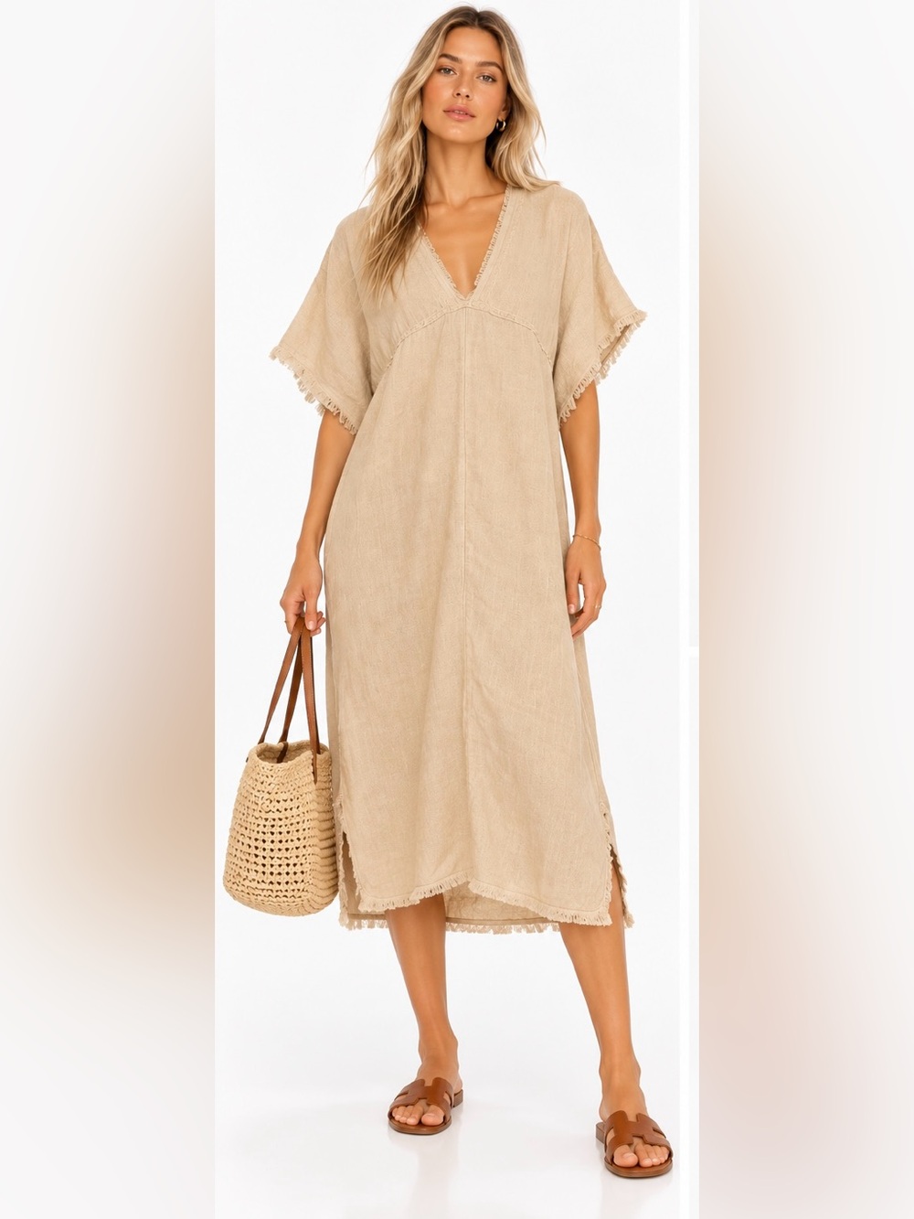Zara Linen Blend Oversized Kaftan Maxi Dress Beige XS